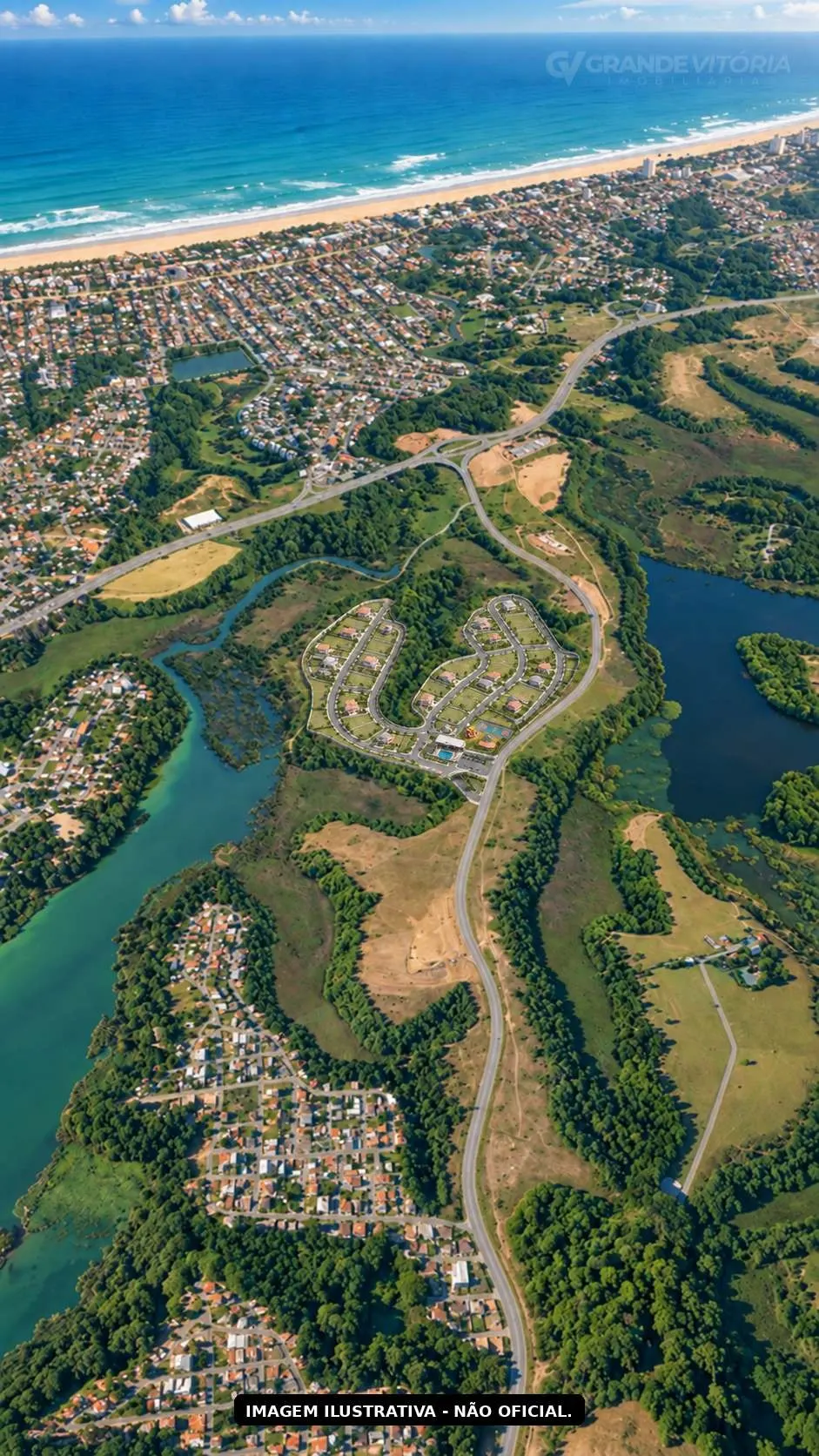 Terreno entre a mata e a lagoa, com o litoral ao fundo — imagem ilustrativa, não oficial