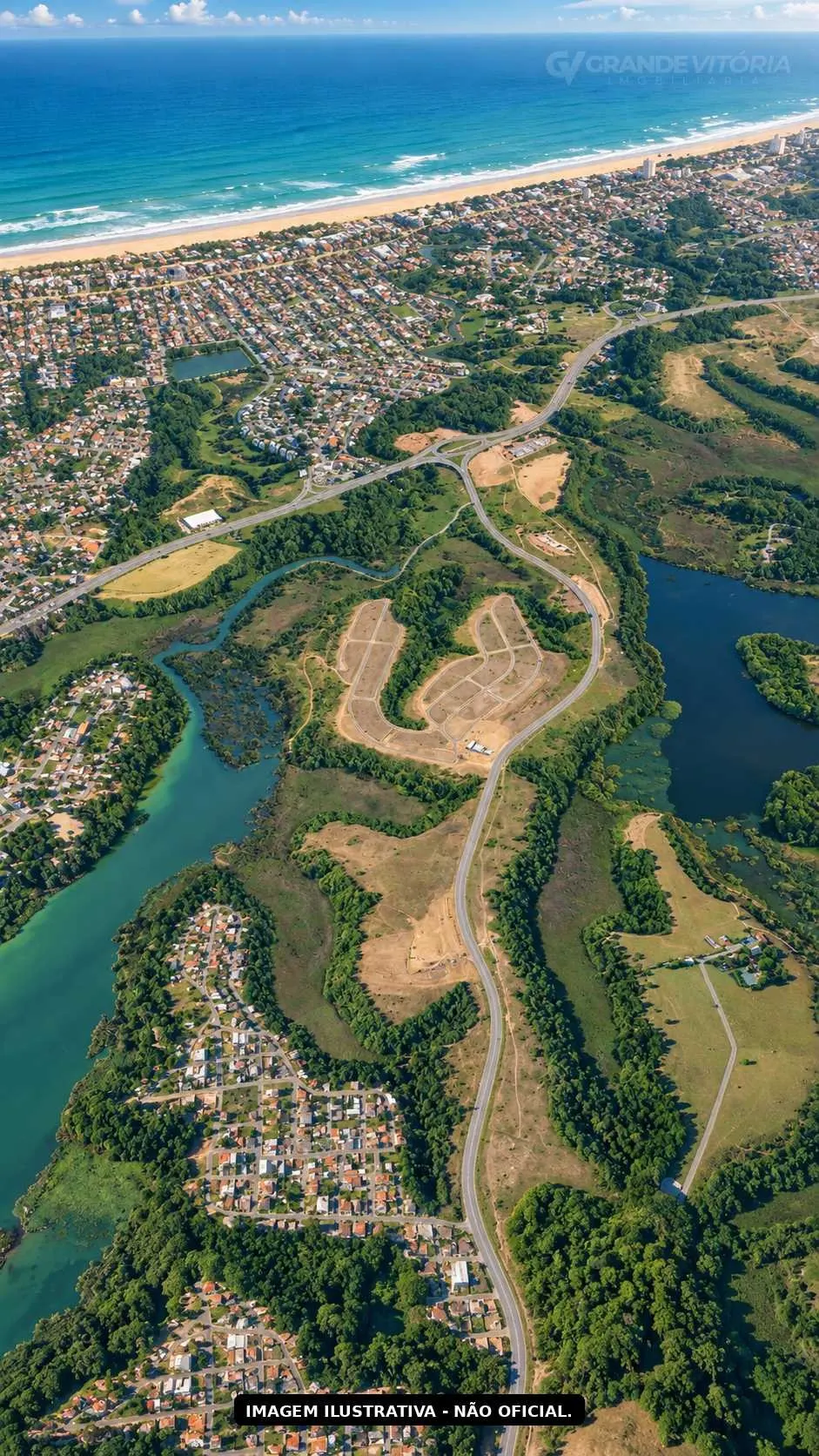 Terreno entre a mata e a lagoa, com o litoral ao fundo — situação atual
