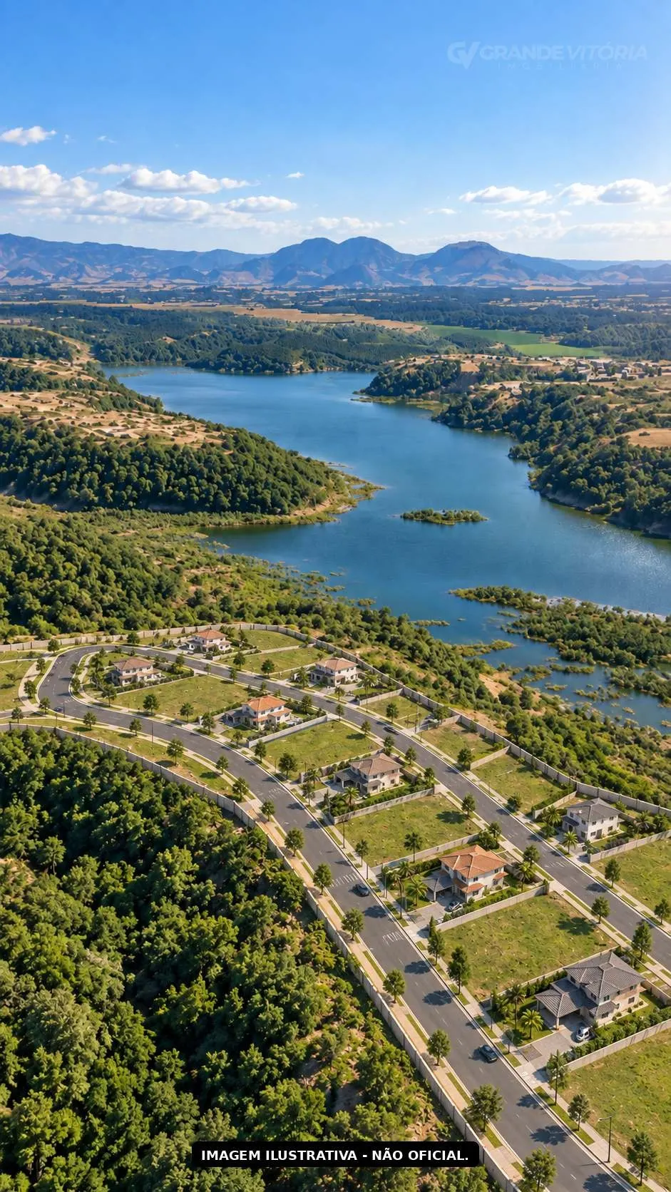 Encosta à beira da lagoa, vista aérea — imagem ilustrativa, não oficial