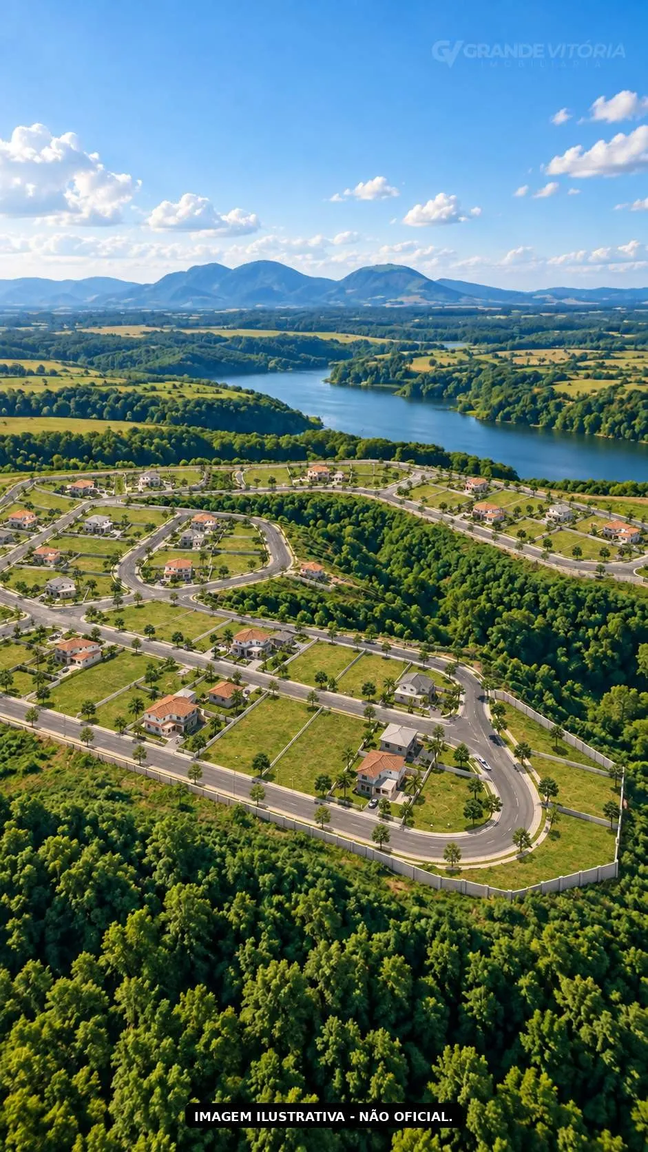 Vista aérea do terreno junto à lagoa, com montanhas ao fundo — imagem ilustrativa, não oficial